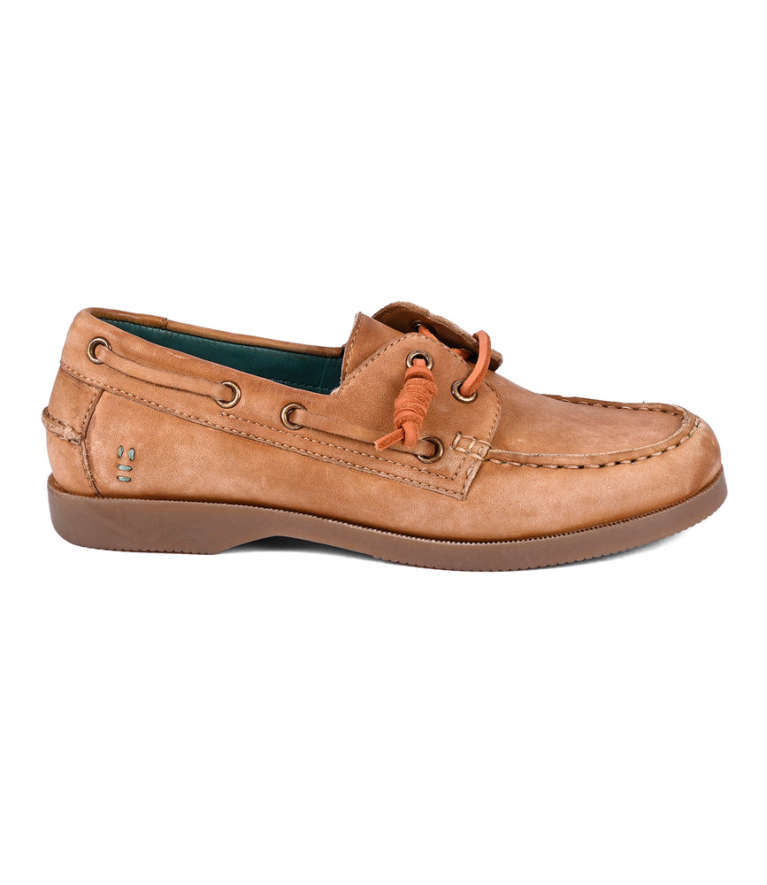 
                  
                    The Roan "Abide" shoe showcases brown leather with orange laces and stitching details, viewed from the side. It features a durable rubber composite outsole, offering timeless elegance for women.
                  
                