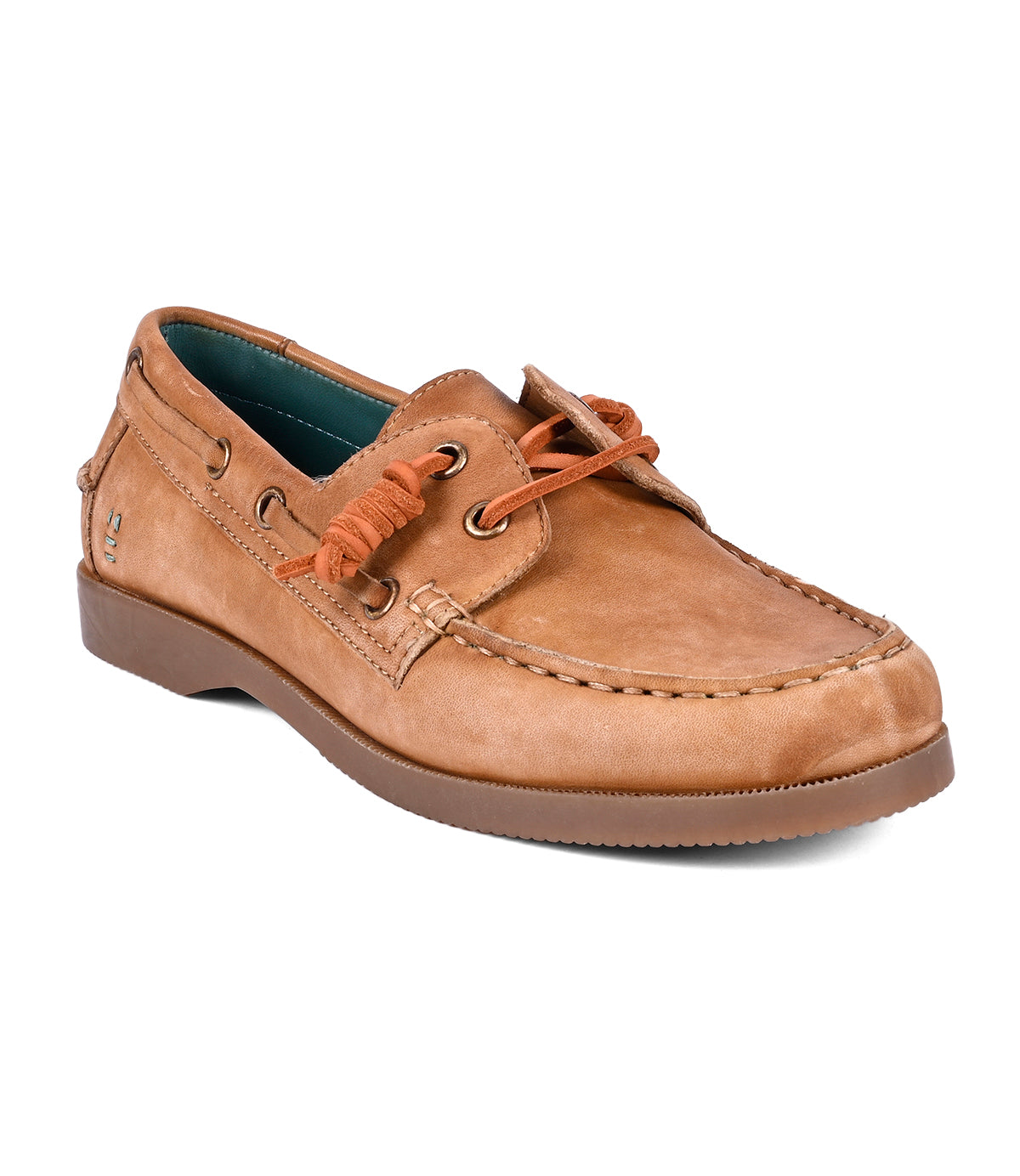 
                  
                    The Roan Abide women's leather boat shoe features a brown design with white stitching and orange laces, complemented by a durable runner composite outsole for enhanced longevity.
                  
                