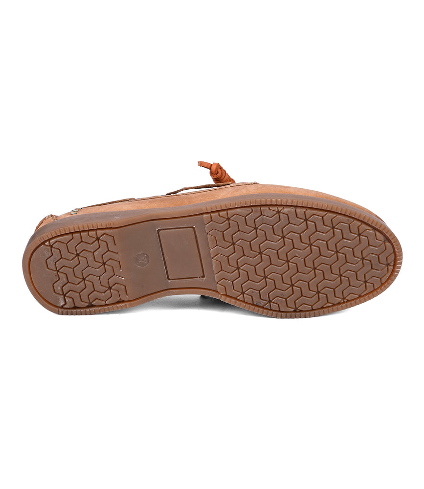 
                  
                    The Roan Abide women's leather boat shoe in brown, viewed from the sole, features a patterned tread and a small knotted lace on the side, capturing timeless elegance with its durable runner composite outsole.
                  
                