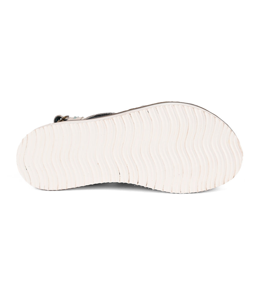 
                  
                    The underside view of the Centrist shoe by Roan showcases a white rubber sole with a wavy, textured pattern, perfectly complementing its soft foam outsole for enhanced comfort.
                  
                