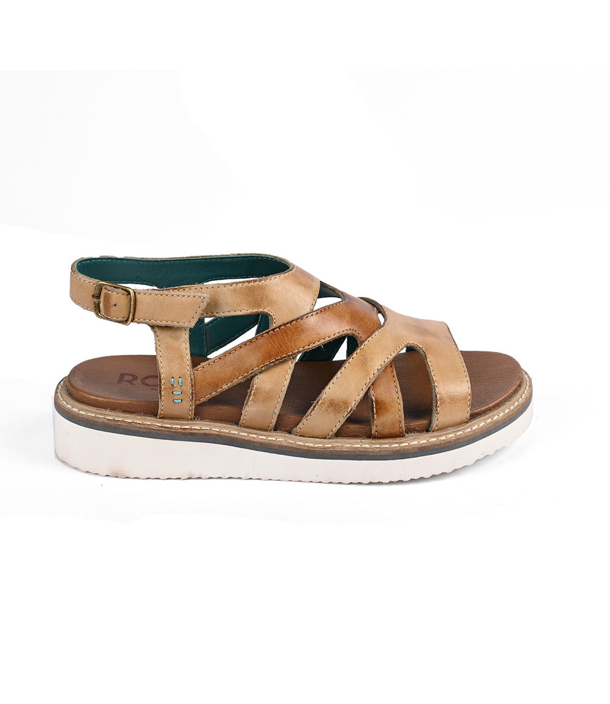 
                  
                    The Roan Centrist sandal features brown leather, a soft foam outsole for enhanced comfort, crisscross straps, and a metal buckle closure at the ankle.
                  
                