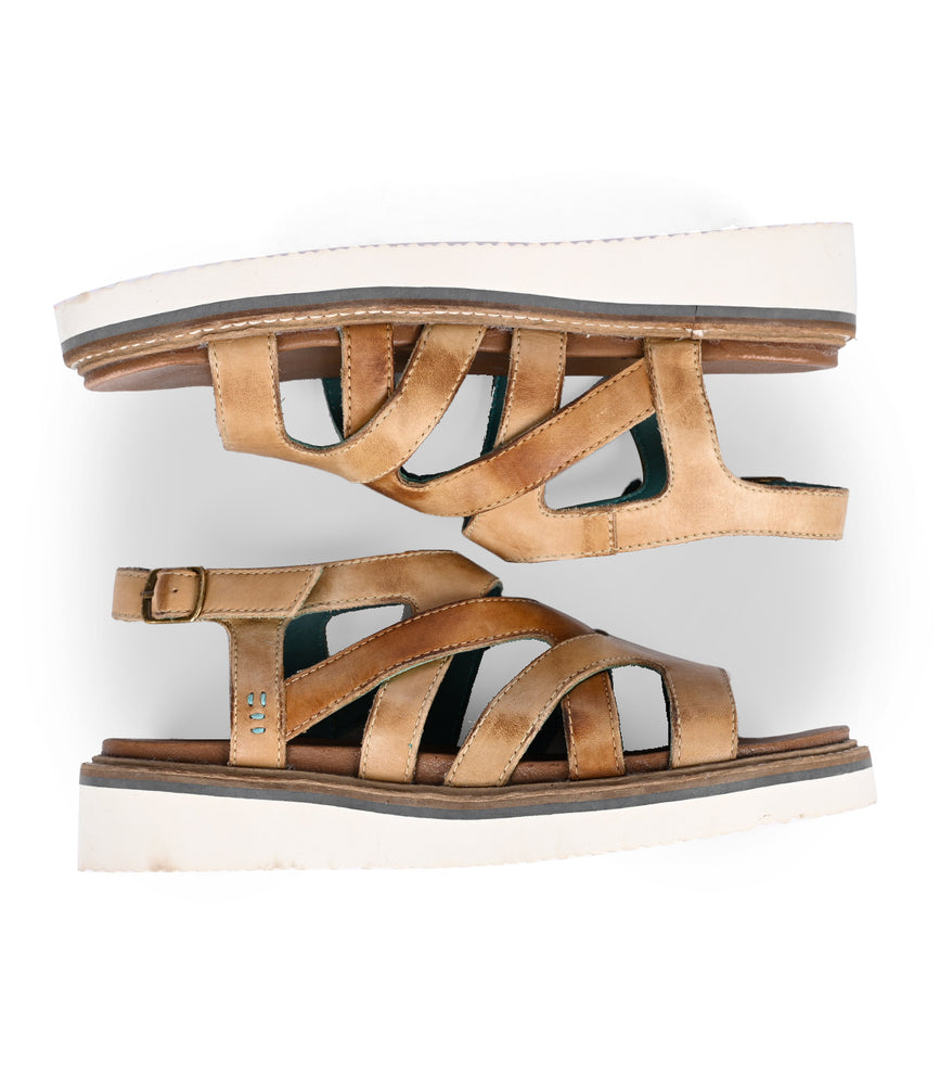 
                  
                    The Roan Centrist sandals feature brown straps with ankle metal buckle closures and white soles, displayed side by side on a plain white background.
                  
                