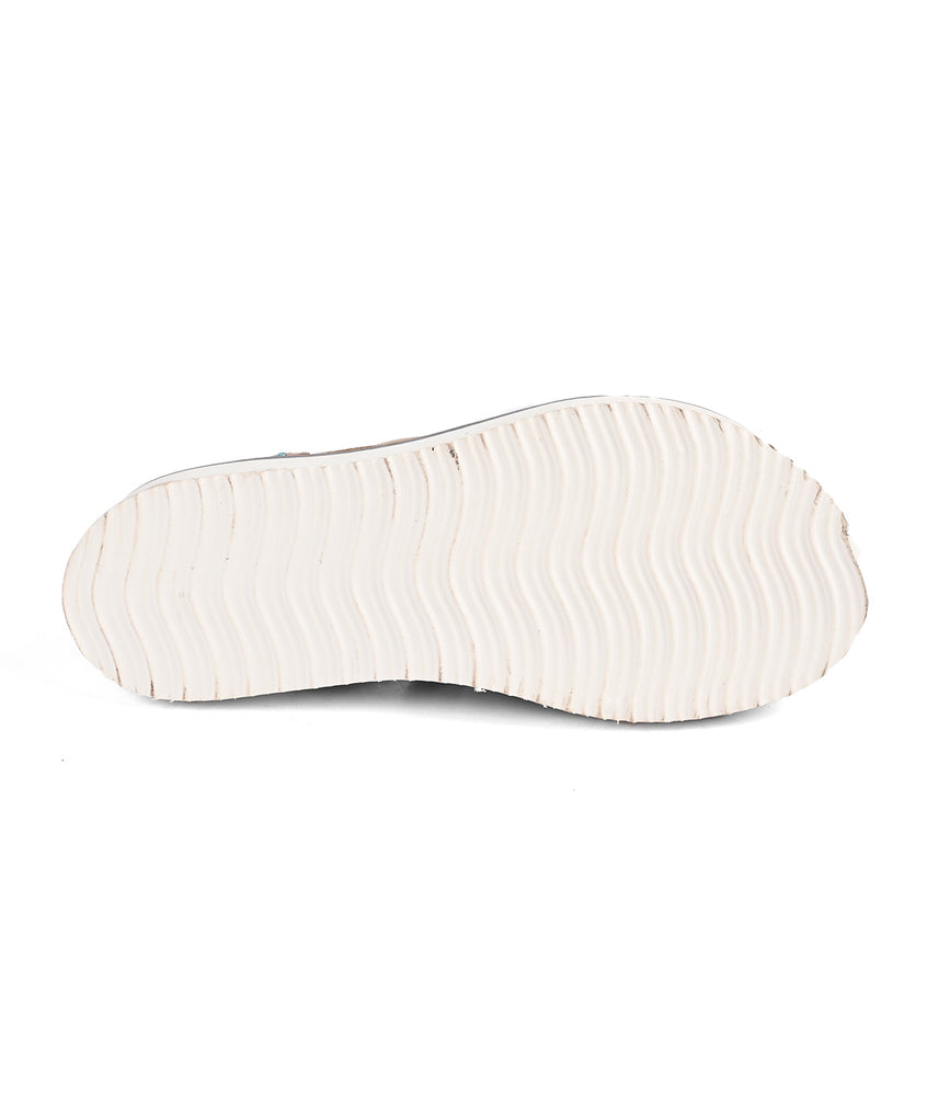 
                  
                    Bottom view of the Roan Centrist's white shoe sole, featuring a soft foam outsole with a wavy tread pattern against a plain background.
                  
                