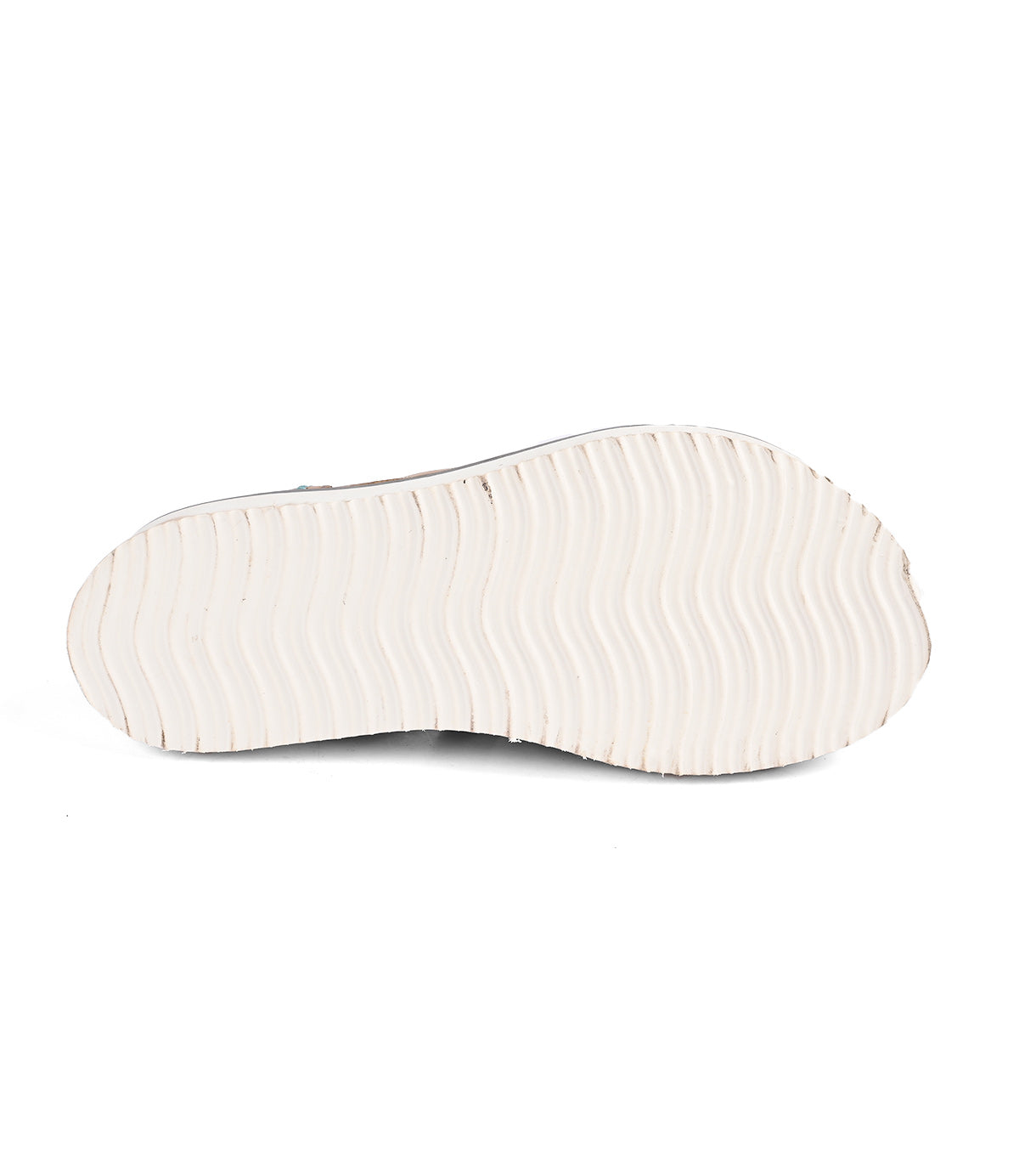 
                  
                    Bottom view of the Roan Centrist's white shoe sole, featuring a soft foam outsole with a wavy tread pattern against a plain background.
                  
                