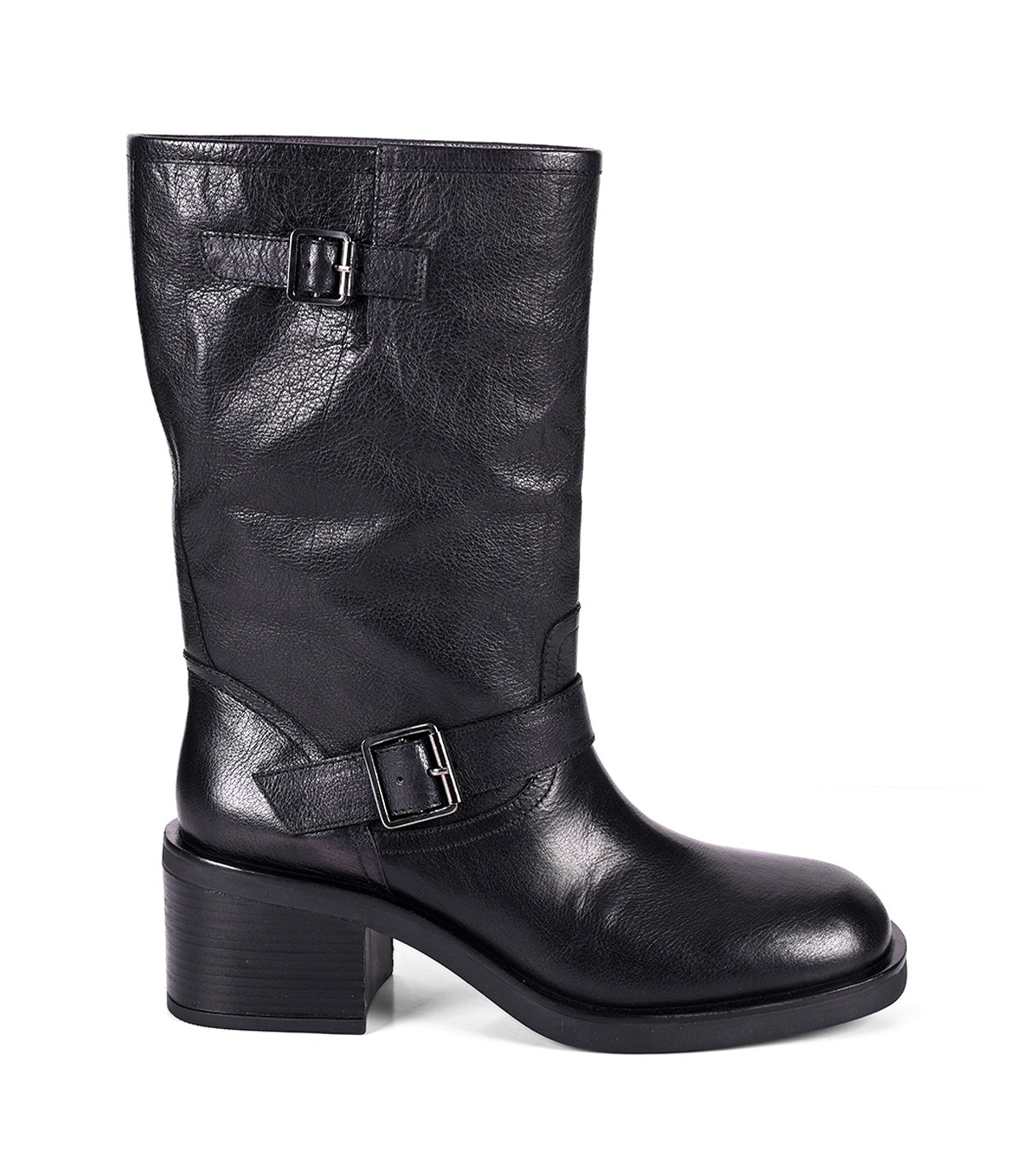 
                  
                    Women's mid-height black leather boot with side buckles, profile view
                  
                