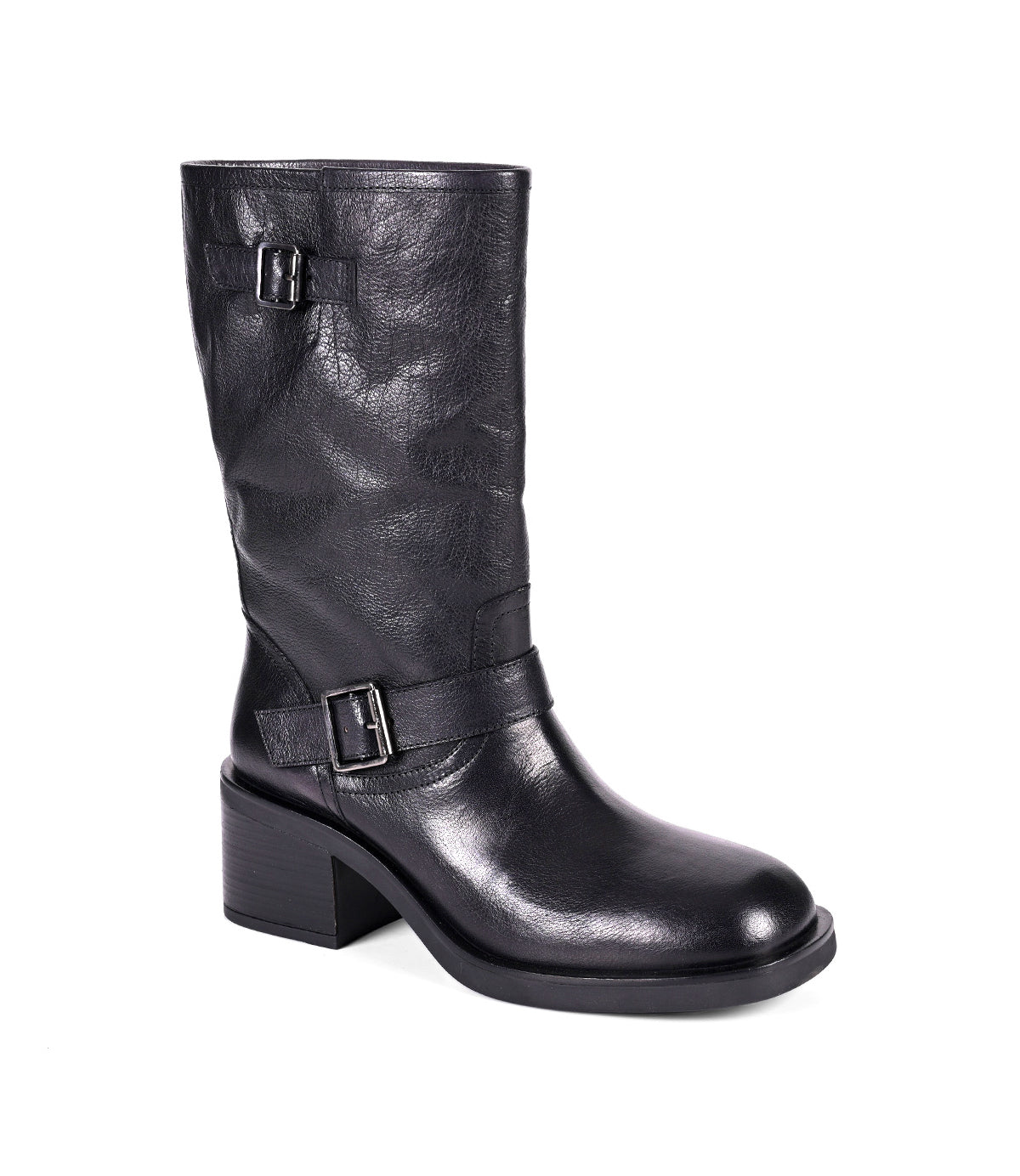 
                  
                    Women's mid-height black leather boot with side buckles, profile view
                  
                