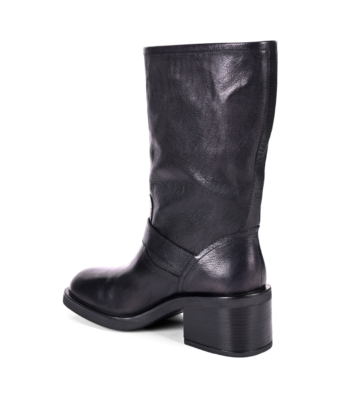 
                  
                    Women's mid-height black leather boot with side buckles, back view
                  
                