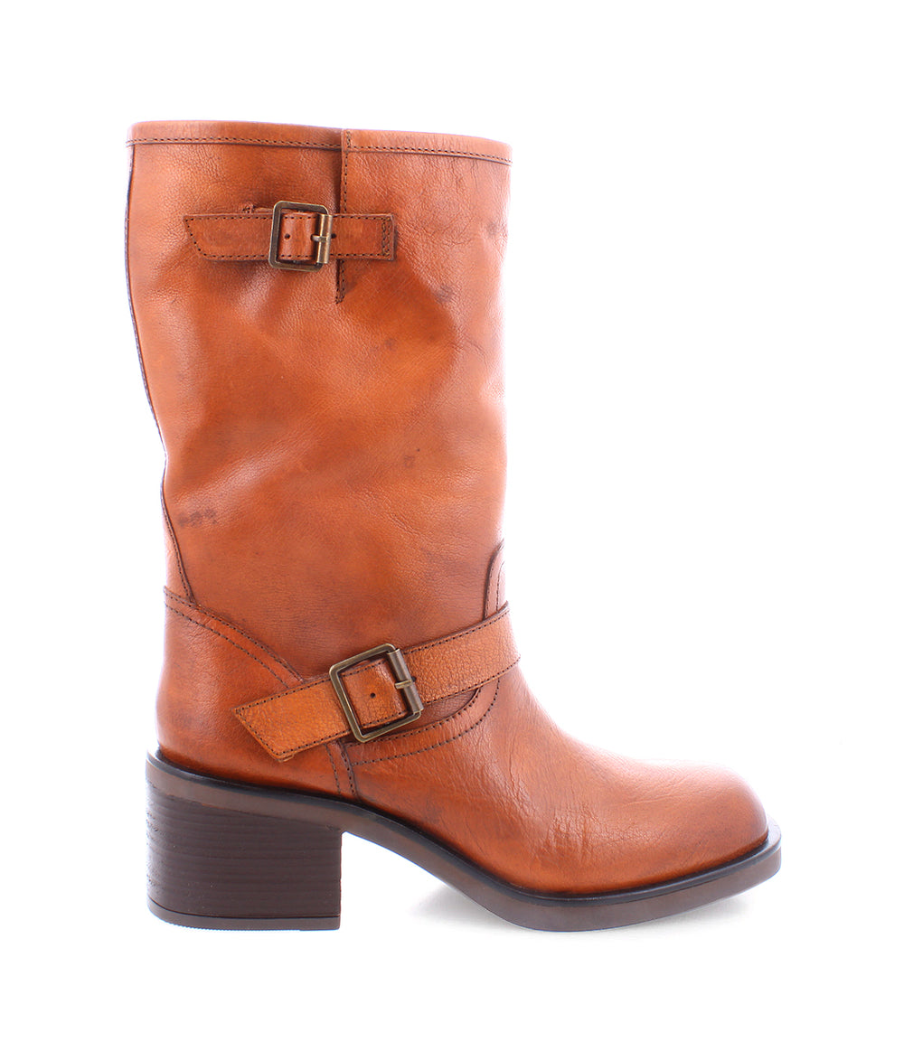 Women's mid-height brown leather boot with side buckles, profile view