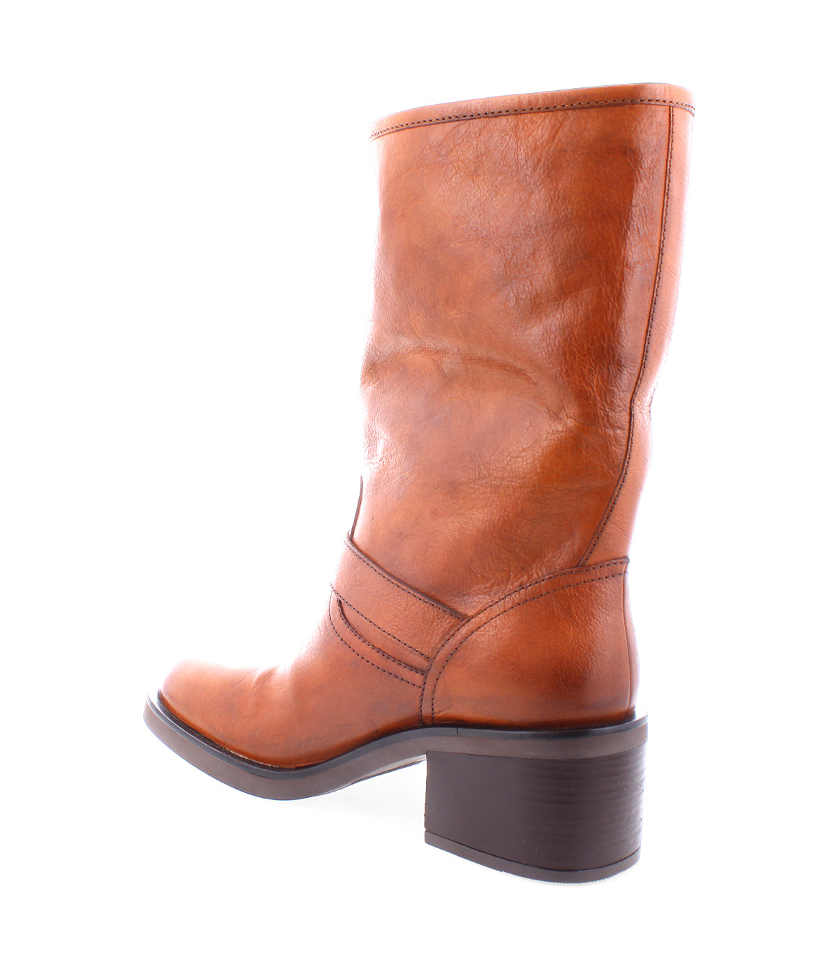 
                  
                    Women's mid-height brown leather boot with side buckles, back view
                  
                