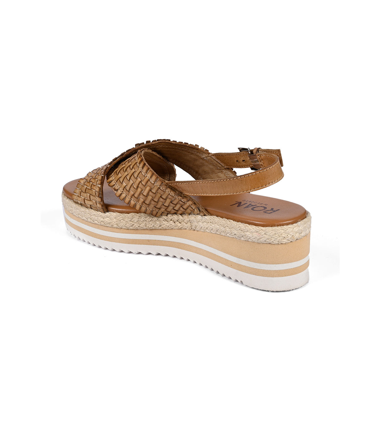 
                  
                    The Roan "Into" sandal features a brown woven platform design with an adjustable ankle strap and a thick, white, lightweight serrated foam outsole, showcased on a white background.
                  
                