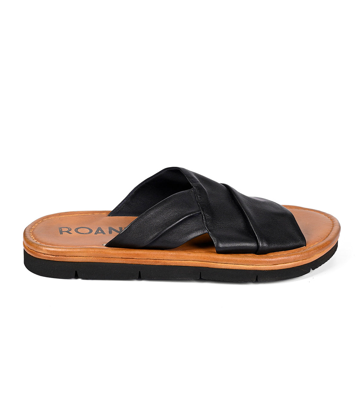 The Roan Nosy is a slip-on black leather sandal featuring crisscross straps, a tan footbed, and a black sole—ideal for summer style.