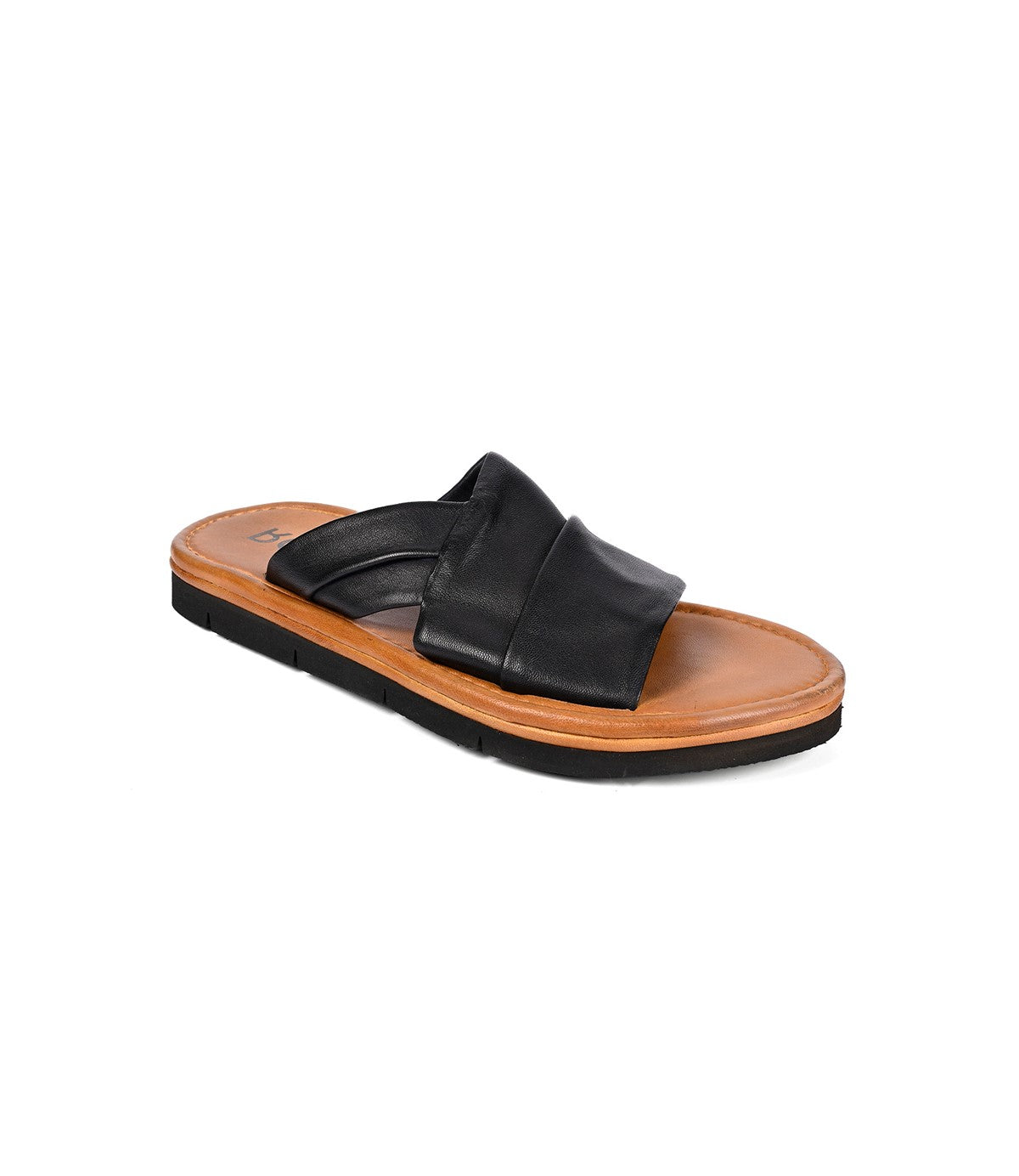 
                  
                    The Roan Nosy black slip-on sandal boasts a wide leather strap, tan footbed, and black rubber sole—ideal for summer style.
                  
                