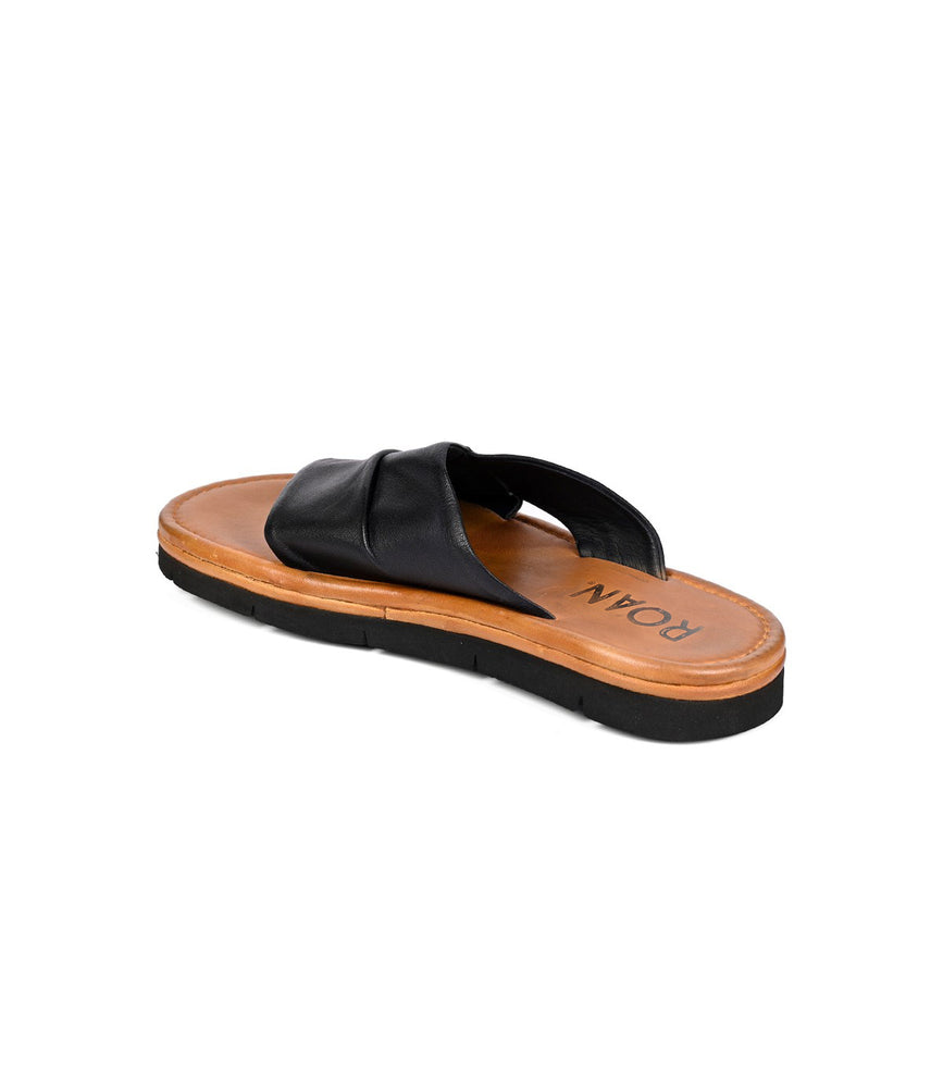 
                  
                    Effortlessly embrace summer style with Roan's Nosy slip-on sandal, showcasing a sleek black leather twist strap design, tan footbed, and elegant black sole.
                  
                