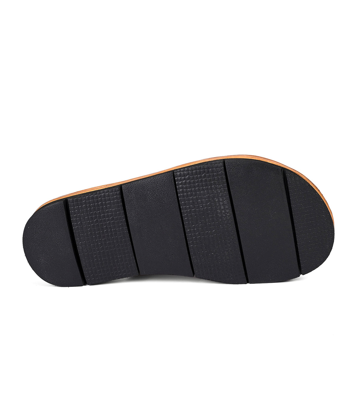 
                  
                    The Nosy by Roan features a black rubber sole with four wide grooves and textured areas, ideal for slip-on sandals with crisscross leather straps, perfect for any summer wardrobe.
                  
                