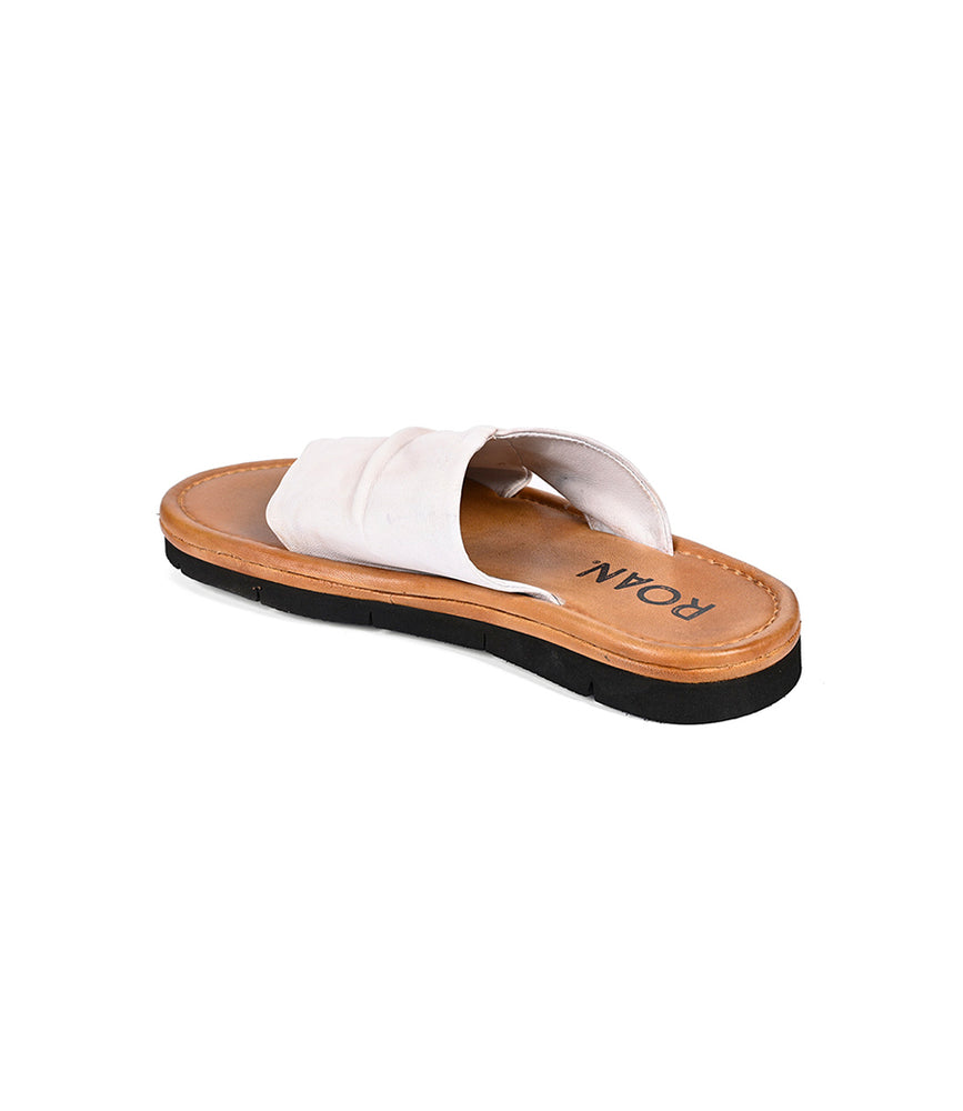 
                  
                    The Nosy sandal by Roan is a single white slip-on with leather straps, featuring a tan insole and black sole. "ROAN" text decorates the footbed, angled to highlight its side and bottom—ideal for effortless summer style.
                  
                