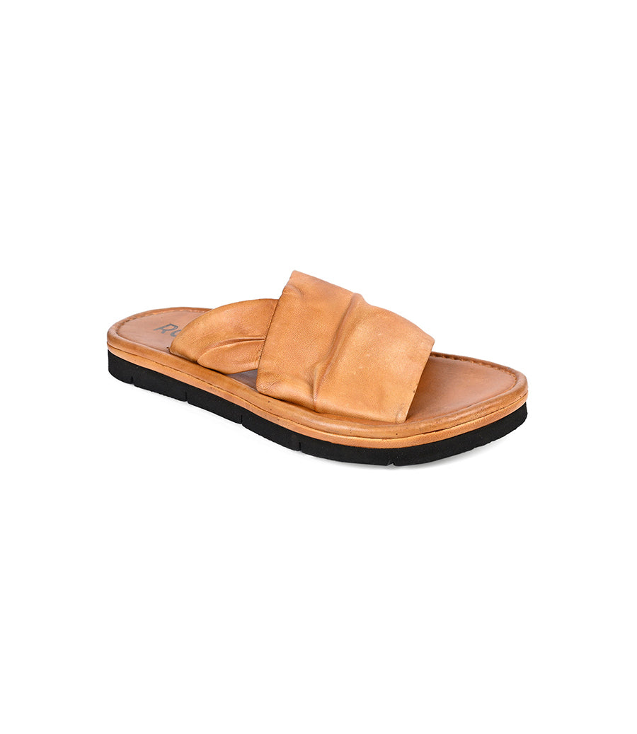 
                  
                    The Nosy sandal by Roan features a brown leather slip-on design with a crisscross folded strap and black sole, ideal for effortless summer style.
                  
                