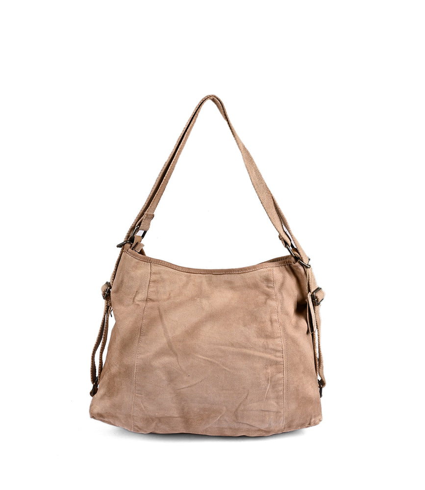 
                  
                    The Oganness by Roan, a beige fabric shoulder bag featuring a long strap and side zipper pockets, is displayed against a white background, making it the perfect versatile bag for your daily needs.
                  
                