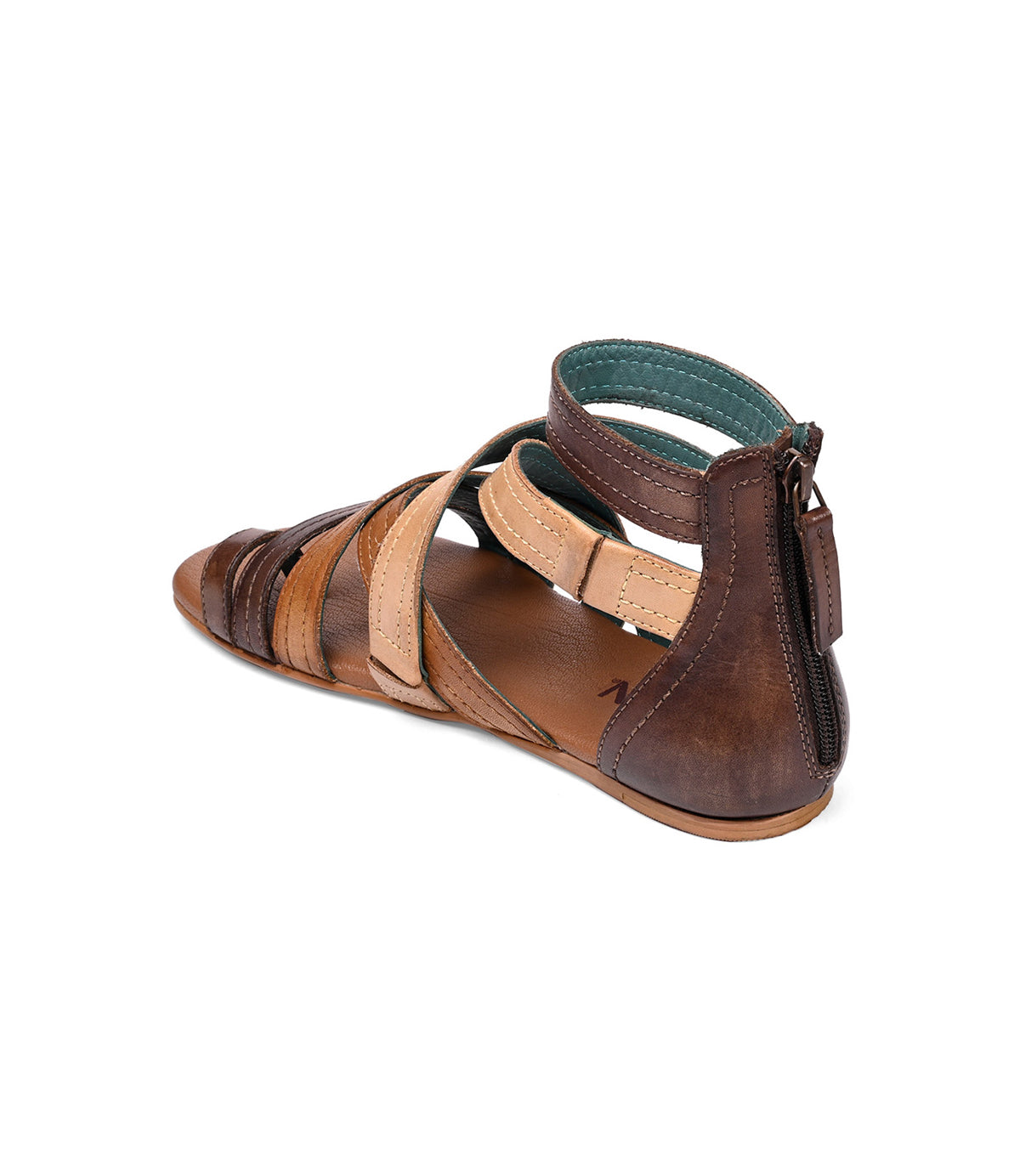 
                  
                    The Royalty sandal by Roan is a brown leather gladiator-inspired sandal featuring multiple straps, a back zipper, flat sole, open toe design, and cushioned footbed for extra comfort.
                  
                