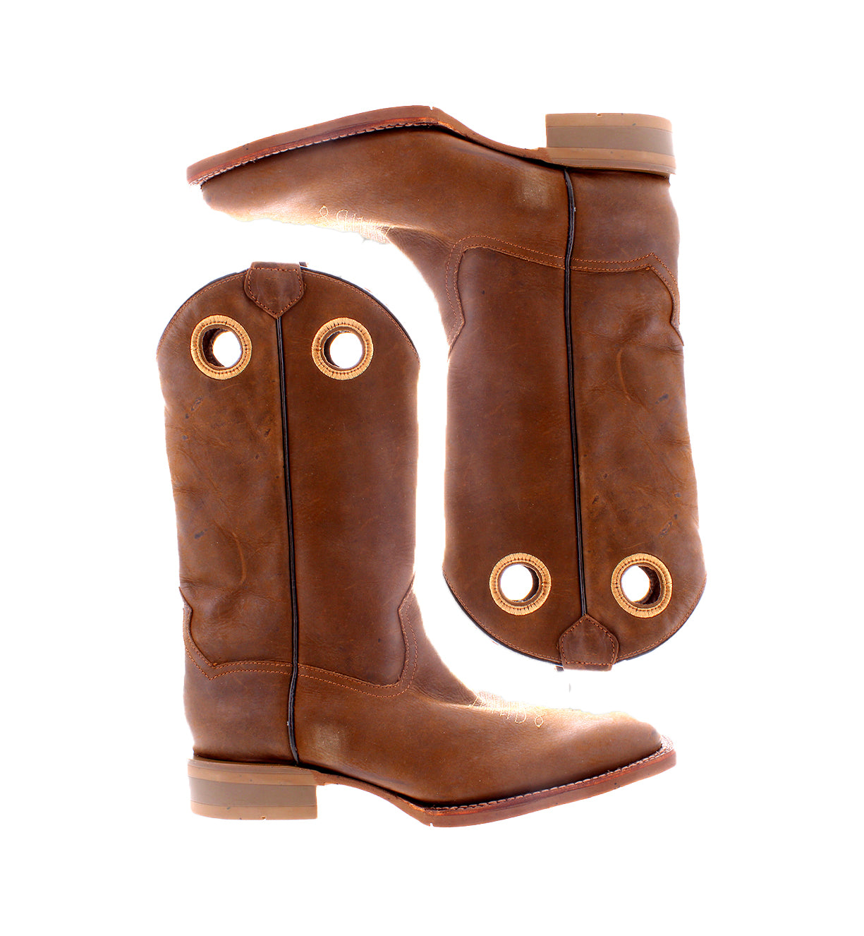 
                  
                    The Roan Satire brown leather cowboy boots boast a rugged style and decorative holes near the top, displayed side by side against a white background.
                  
                