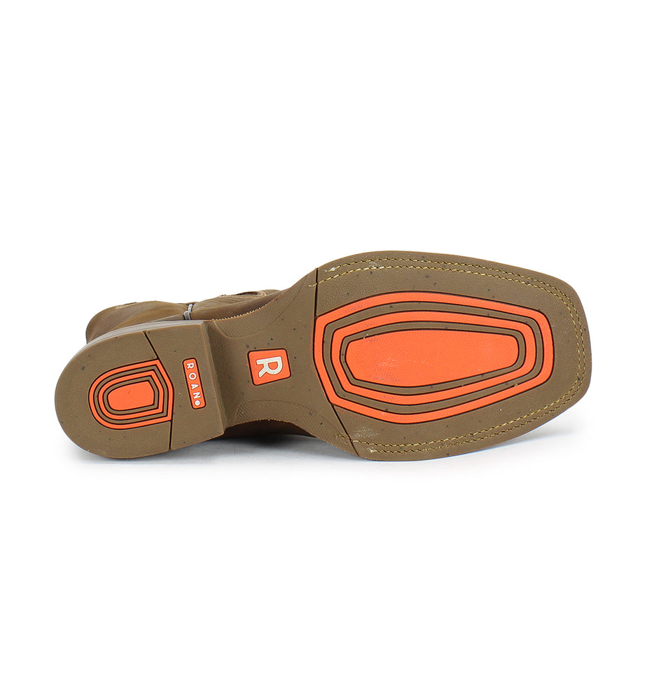 
                  
                    An image displays the sole of a brown Satire shoe by Roan, featuring enhanced traction, orange accents, stitching, and a small "R" logo.
                  
                