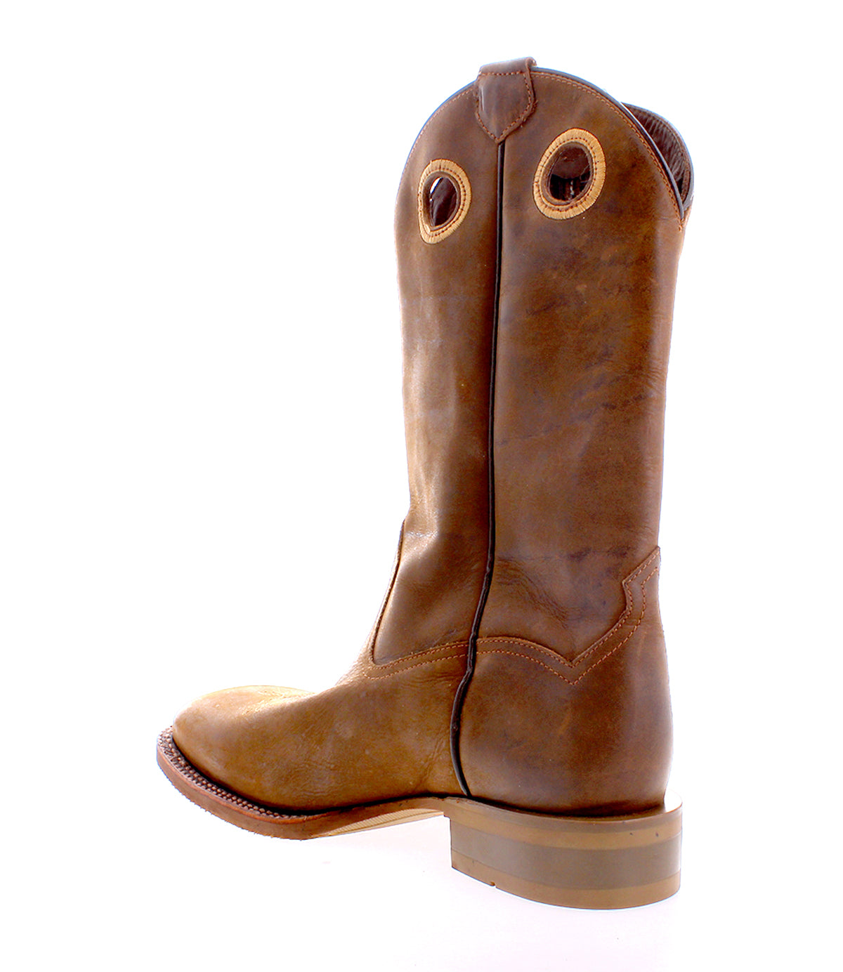 
                  
                    A side view of a Roan Satire cowboy boot, crafted from water-repellent waxed leather with circular pull holes, displayed in isolation on a white background.
                  
                