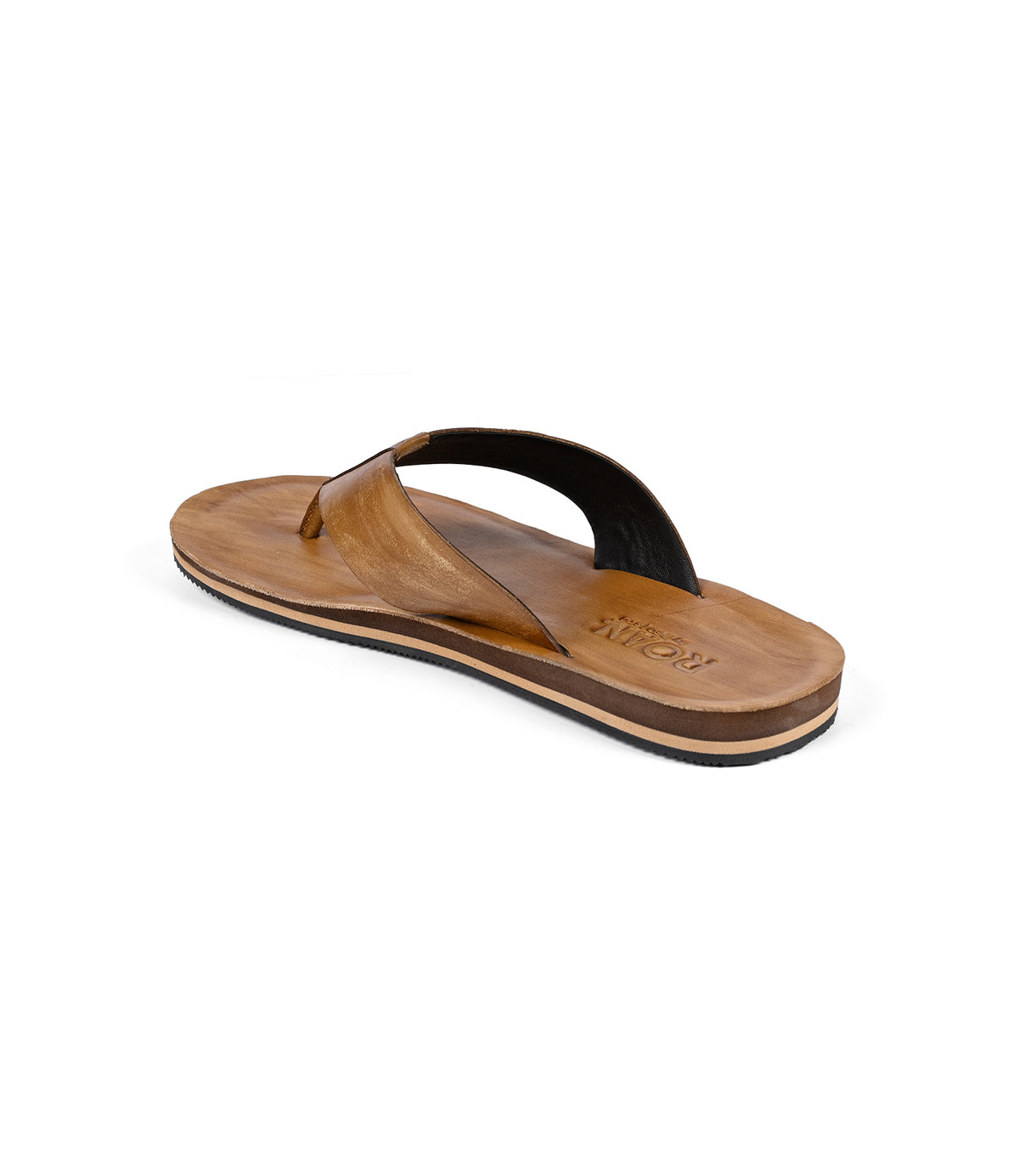 
                  
                    Roan's Townfolk: Brown leather flip-flop sandals with a flat sole and black strap lining, showcasing rustic charm and comfort from a rear angle on a white background.
                  
                