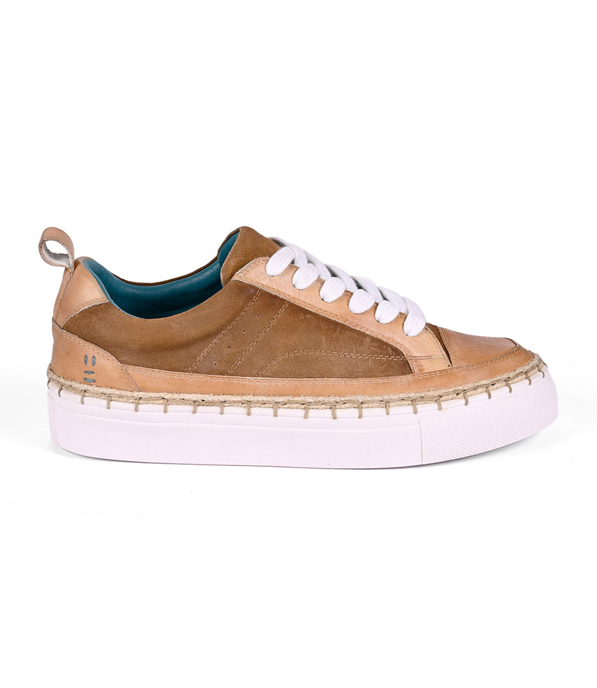 The Roan Void sneaker features a tan leather lace-up design with white laces, a thick white sole, and a cushioned insole for comfort, viewed from the side.