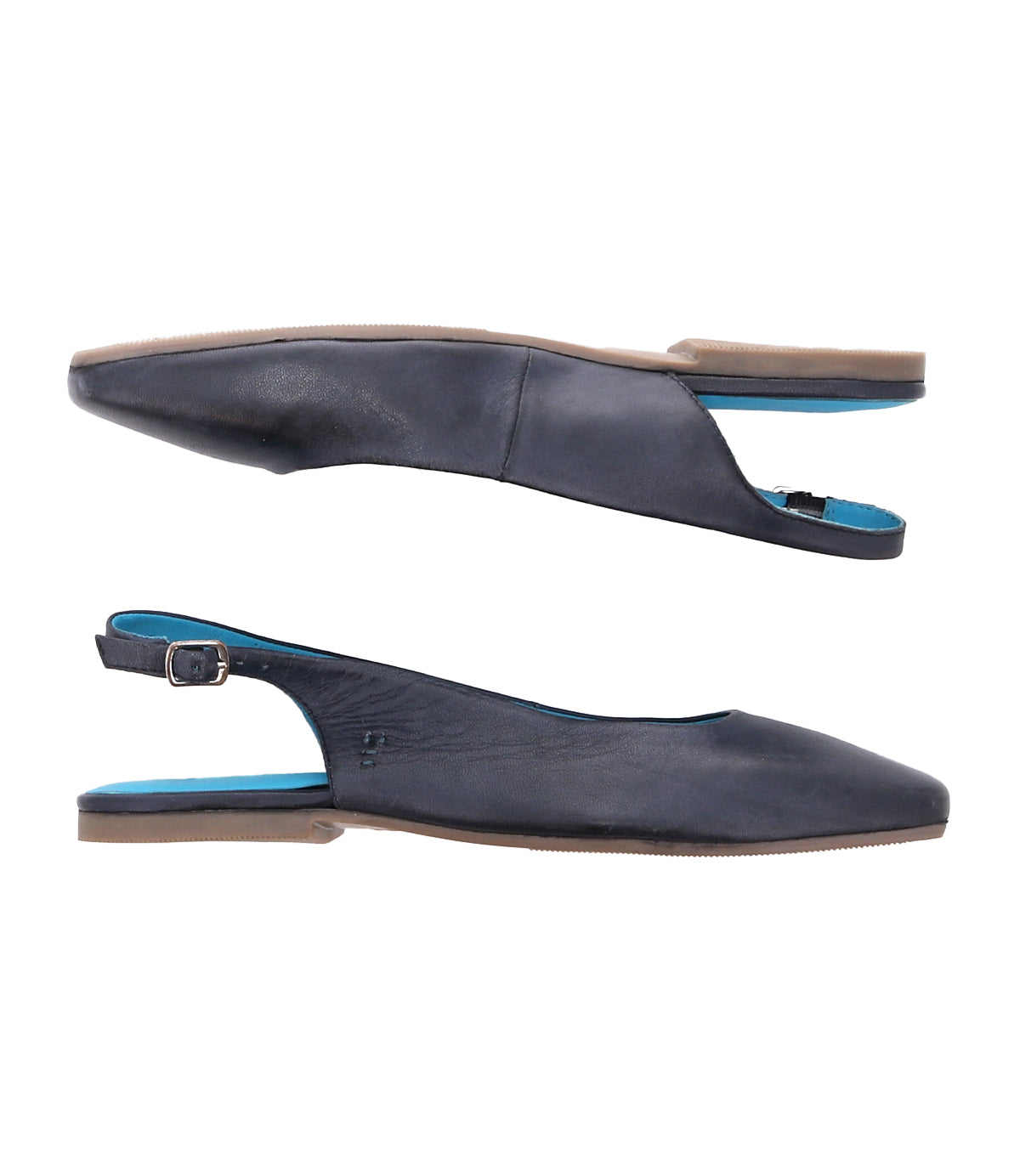 
                  
                    The Roan Woken black slingback flats feature a versatile leather upper, blue inner soles, adjustable straps, and brown outsoles.
                  
                