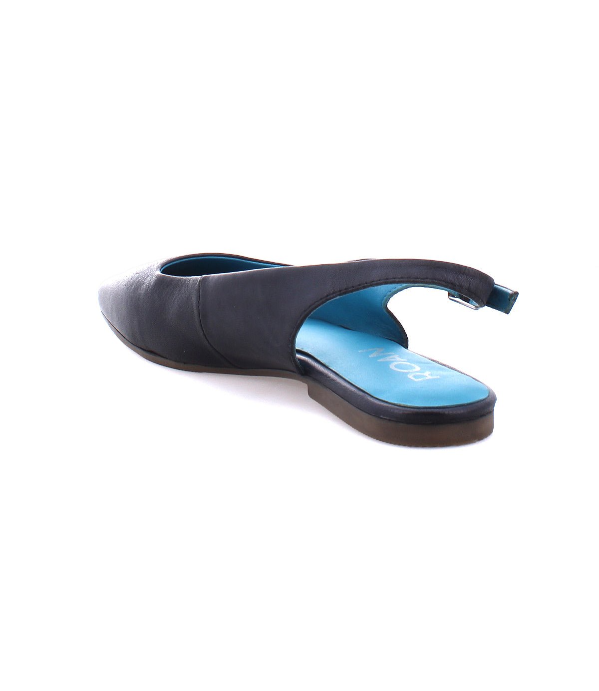 
                  
                    The Woken by Roan is a dark slingback flat with a leather upper, low heel, pointed toe, and blue insole, viewed from the rear angle.
                  
                