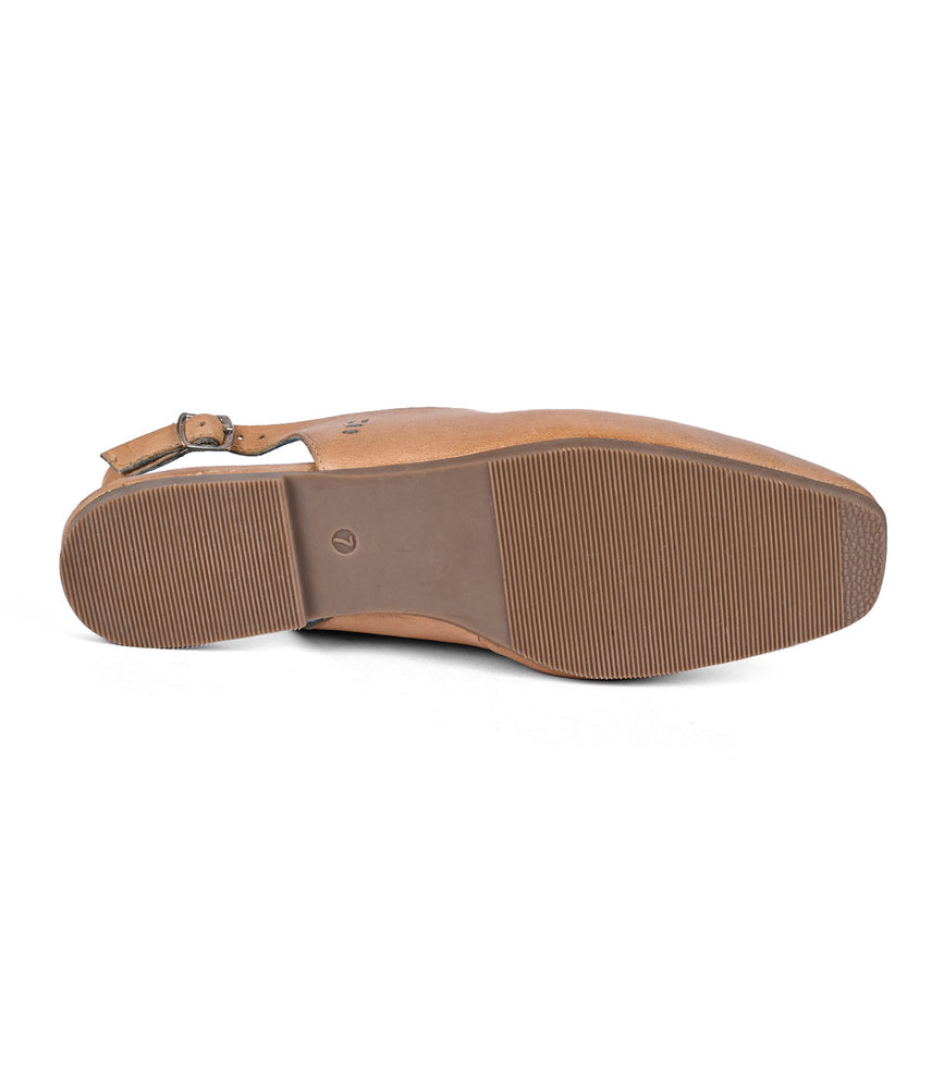 
                  
                    Bottom view of Roan's Woken shoe, featuring a slingback strap, textured rubber sole, leather upper, and a small heel.
                  
                