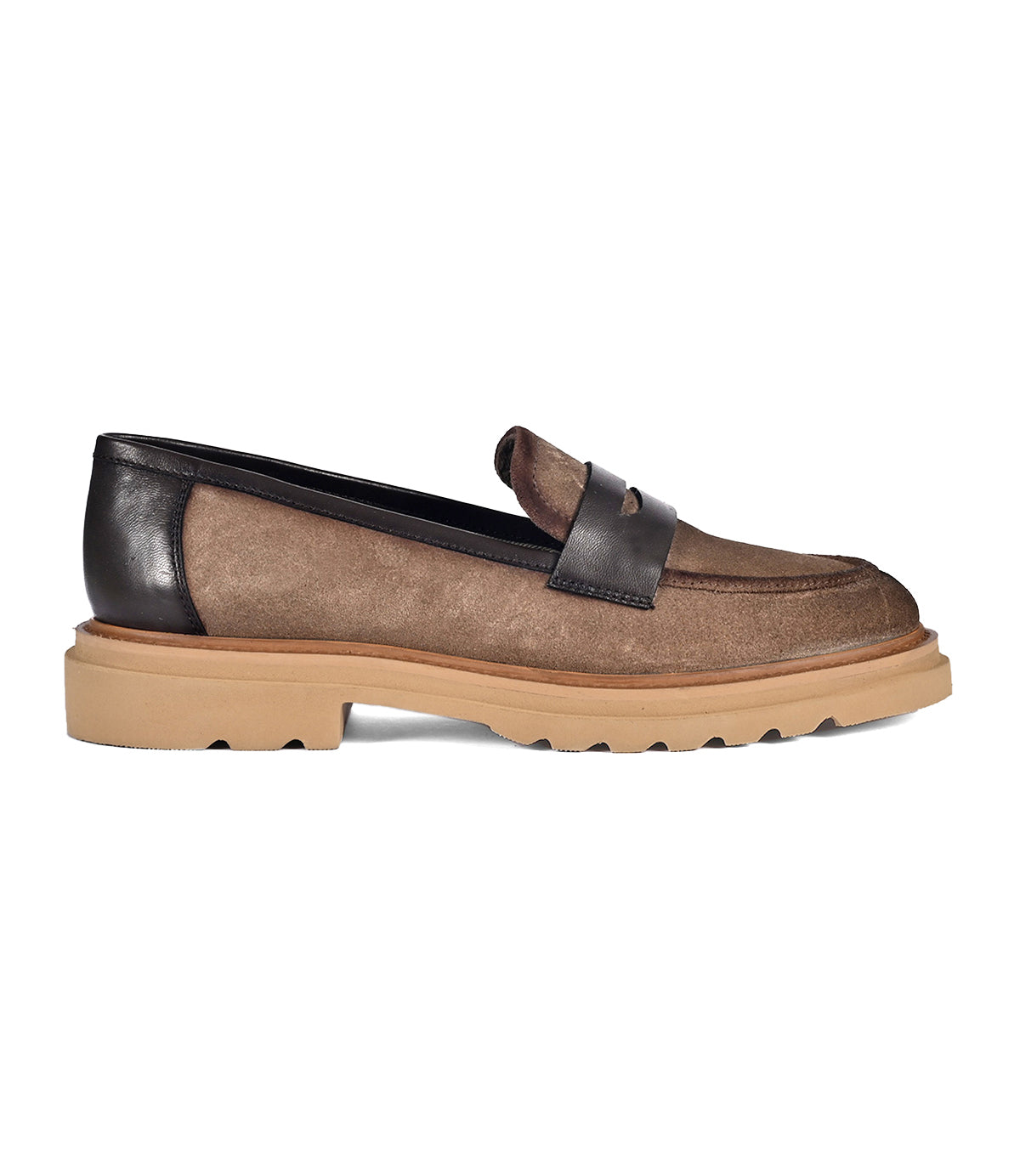 The Roan "Beginning" women's footwear combines brown and black suede and leather with a tan rubber outsole, highlighted by a penny slot detail on the upper.