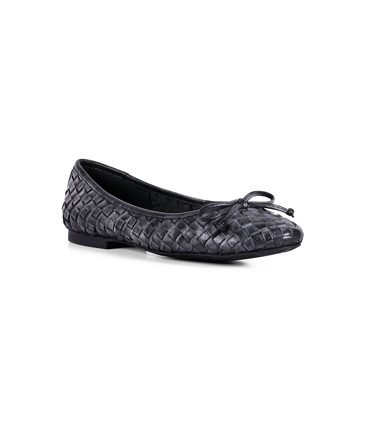 
                  
                    A pair of Business slip-on ballerina shoes by Roan, showcasing a hand-woven black leather design with a small bow on the front and a low heel, set against a plain white background.
                  
                