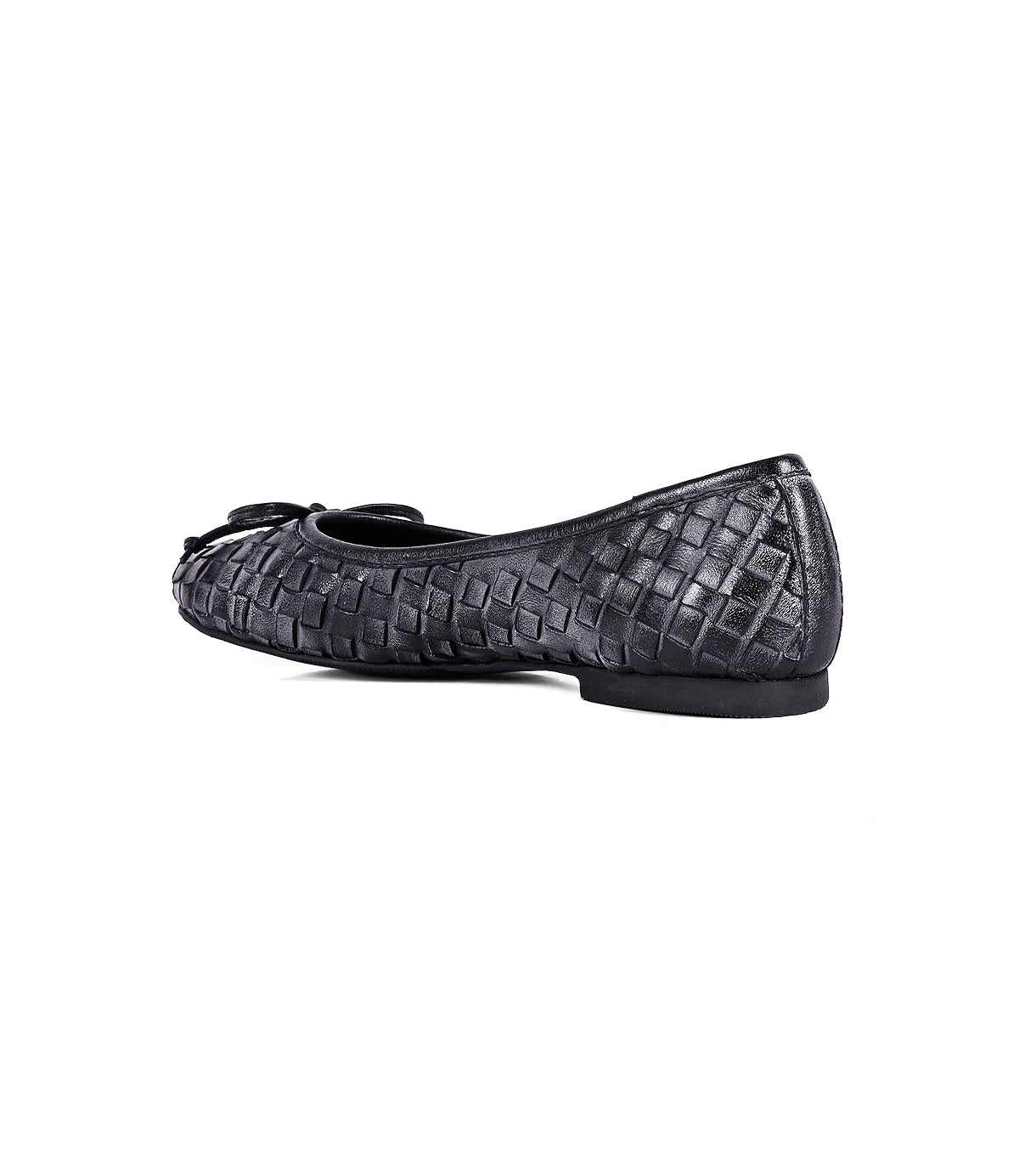 
                  
                    Rear view of Roan's "Business" black, hand-woven leather flat shoe featuring a bow detail on the toe, showcasing intentional craftsmanship.
                  
                