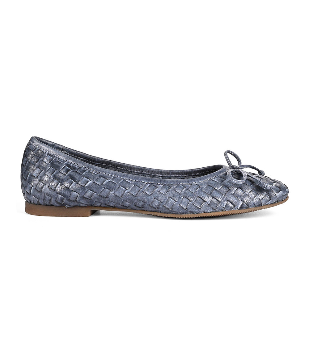 A single dark grey, hand-woven leather ballet flat called 