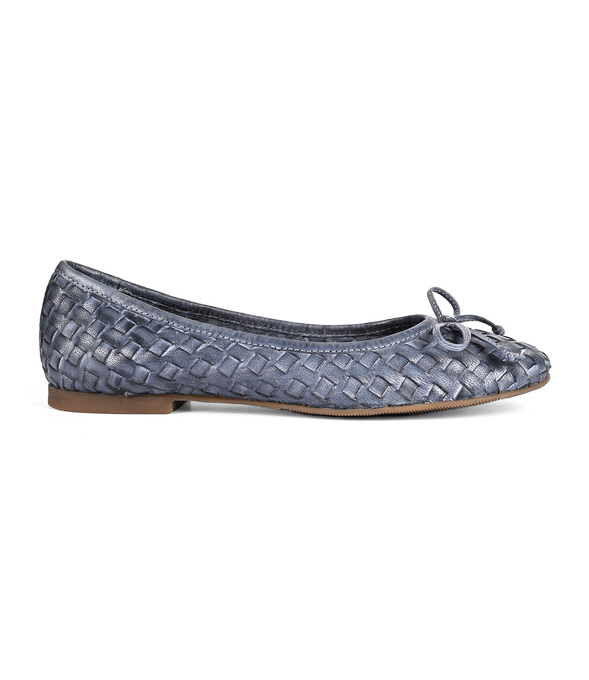 A single dark grey, hand-woven leather ballet flat called "Business" by Roan with a small bow on the front and a beige sole, viewed from the side.