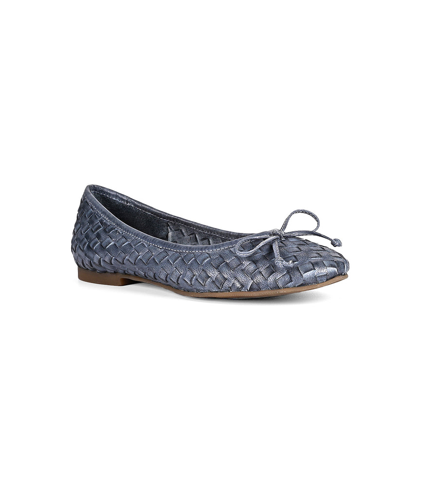 
                  
                    A blue slip-on ballerina shoe, Roan Business, made from hand-woven leather, featuring a small bow on the front, a rounded toe, and a low heel, showcasing intentional craftsmanship.
                  
                