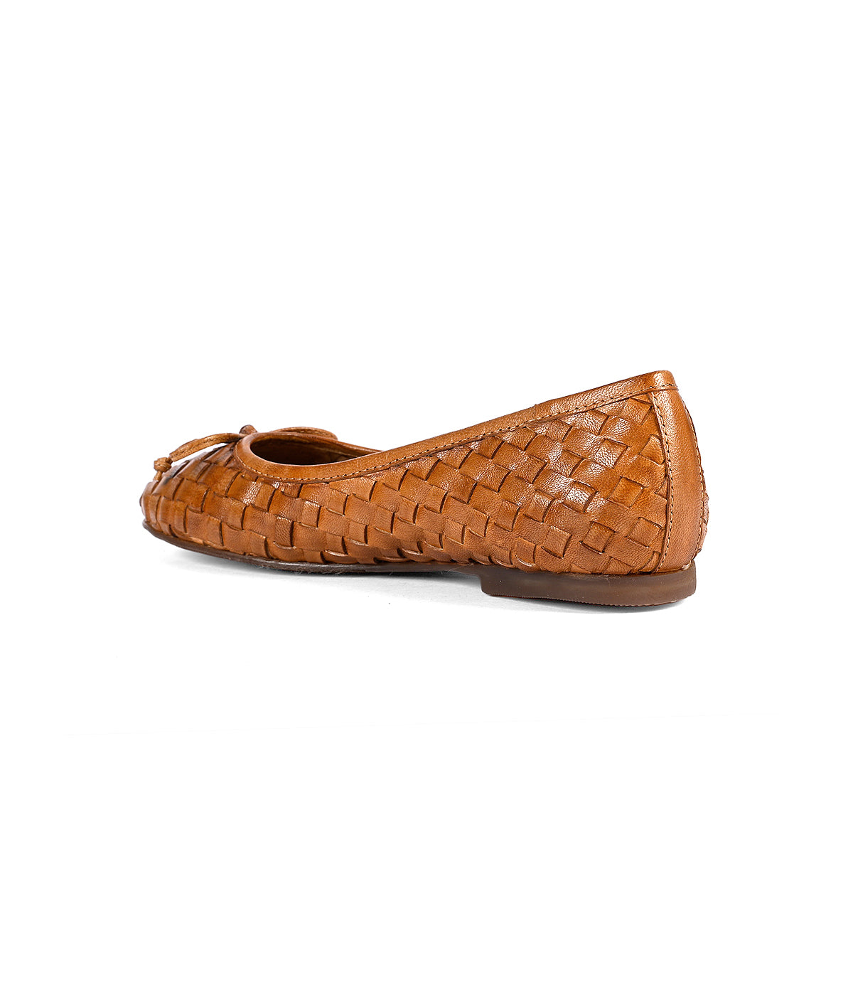 
                  
                    Brown hand-woven leather slip-on Roan Business ballerina shoes with a small bow on the toe, viewed from the rear side.
                  
                