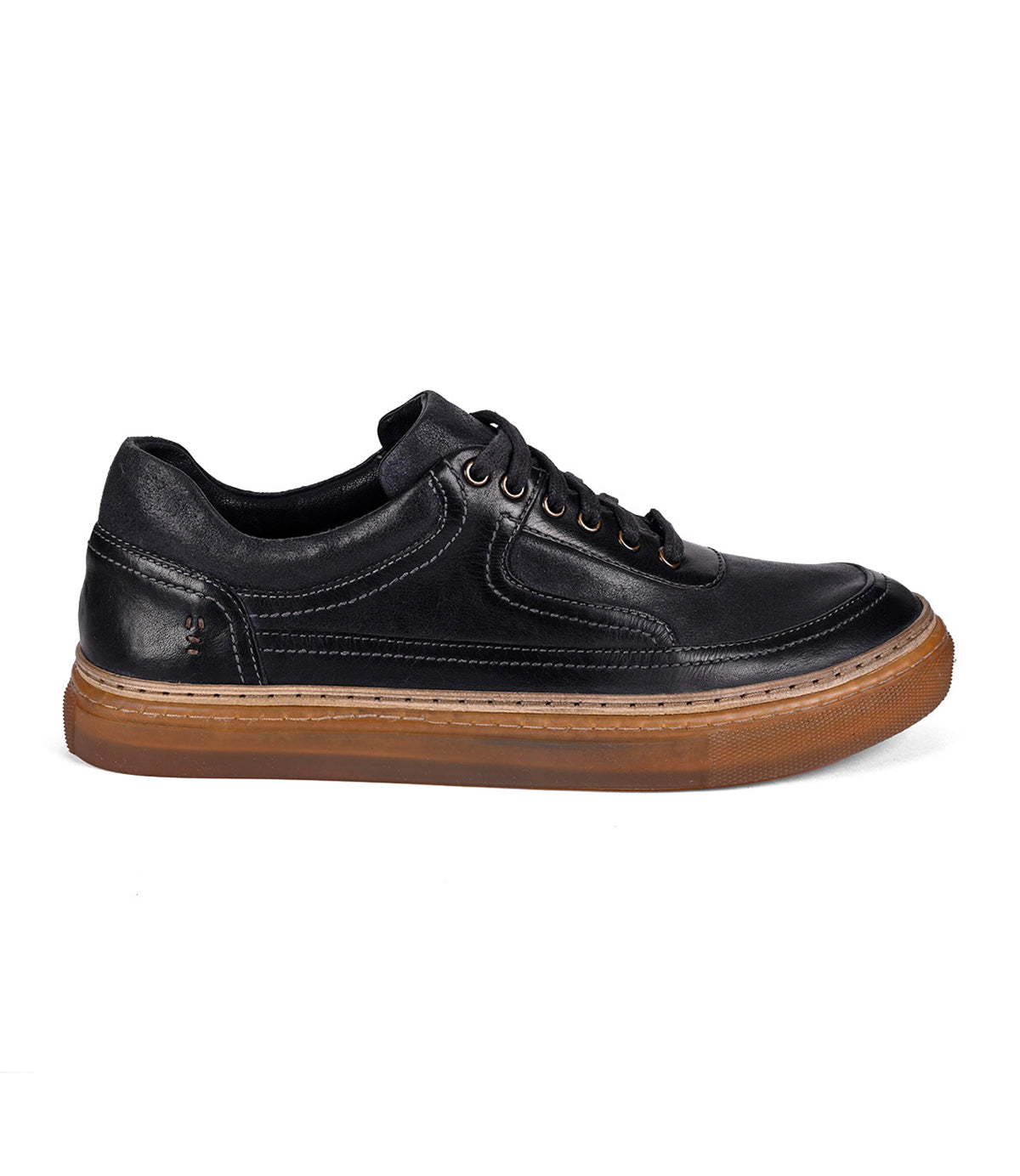 Roan's Eminent sneaker features top-grain black leather, a sturdy brown rubber sole, and sleek black laces through metal eyelets, elegantly showcased from the side on a white background.