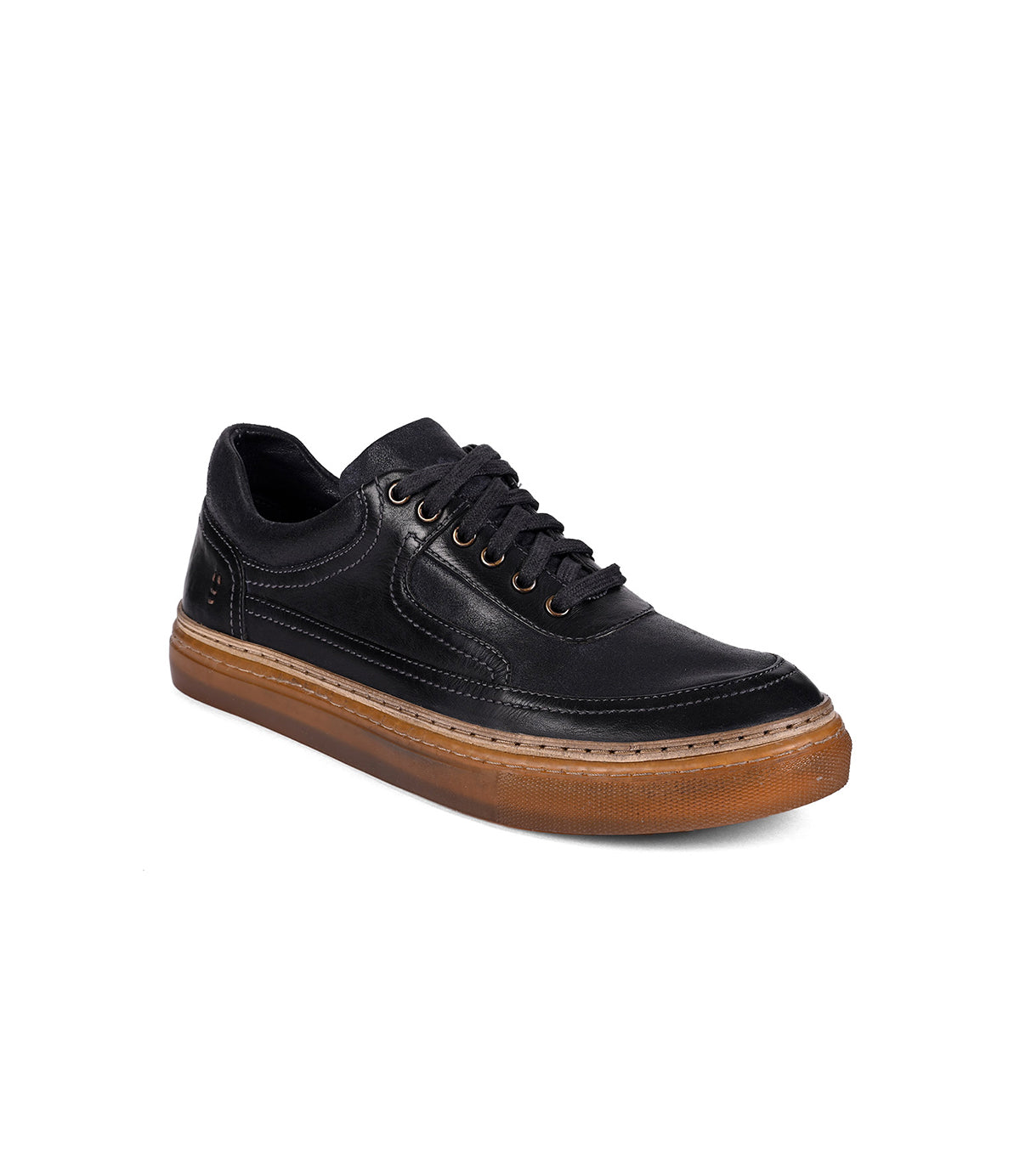 
                  
                    Eminent lace-up sneaker by Roan, crafted from top-grain black leather, with a durable brown rubber sole and sleek black laces, side view.
                  
                