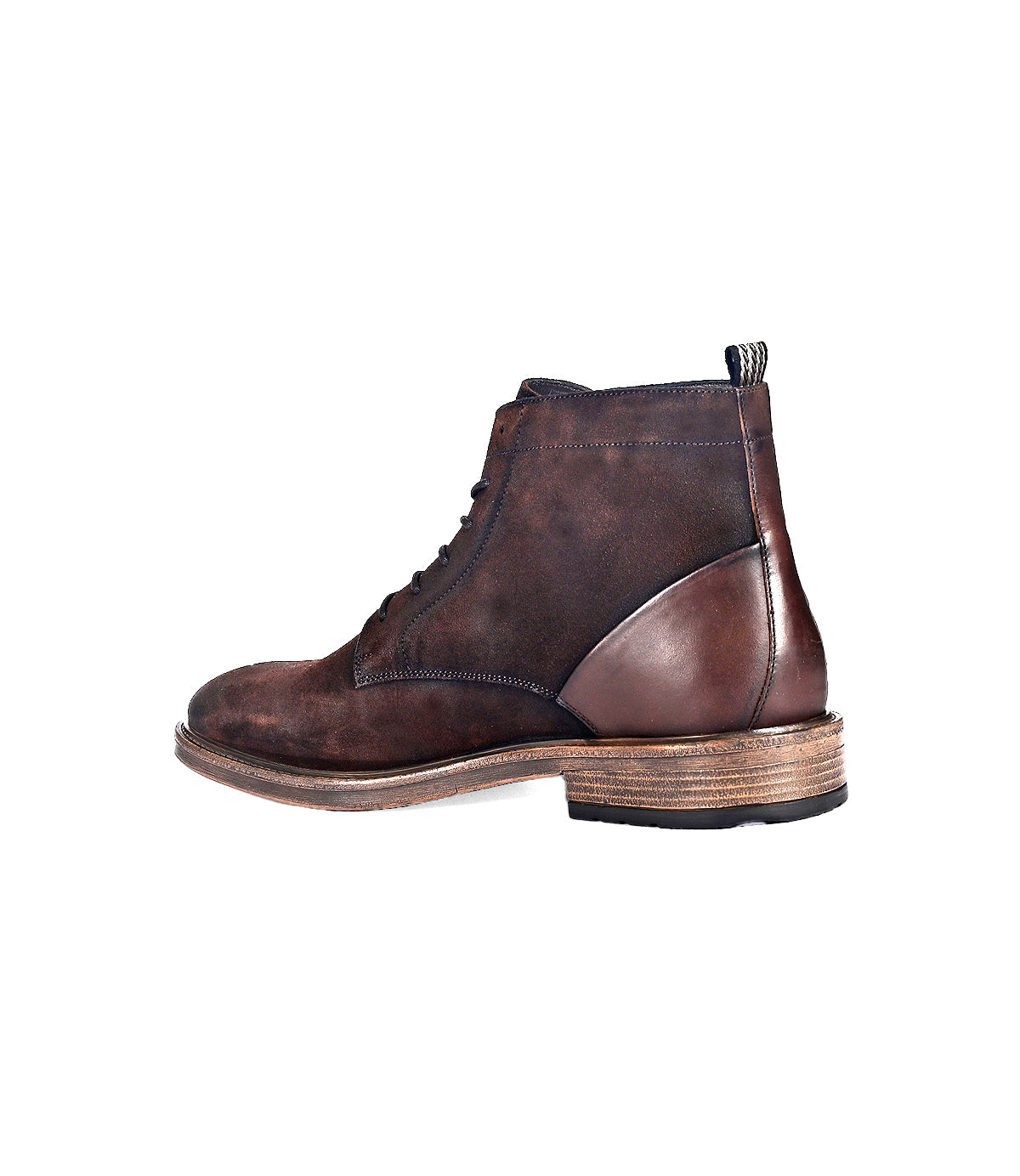 
                  
                    Roan's Joyride boot is a dark brown full-grain leather lace-up with a wooden sole and black tread, shown from the side against a white background.
                  
                