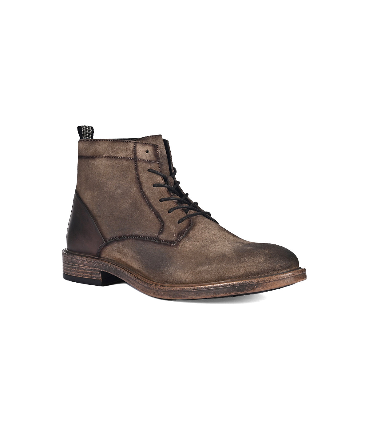 
                  
                    A Joyride boot by Roan, featuring a full-grain leather exterior in brown with lace-up design, equipped with a pull tab and complemented by a brown wooden sole, viewed from an angle.
                  
                