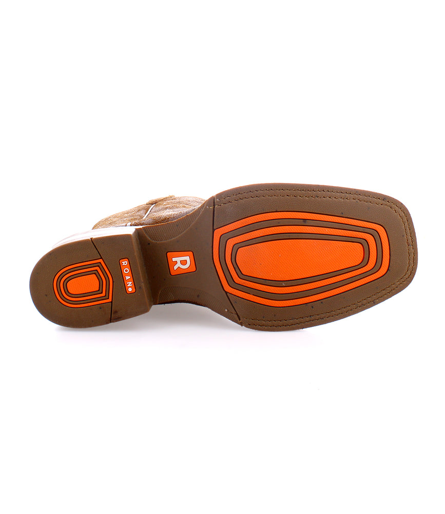 
                  
                    The sole of the Saber boot from Roan features a brown and orange tread with "Roan" and a red "R" on the heel and arch.
                  
                