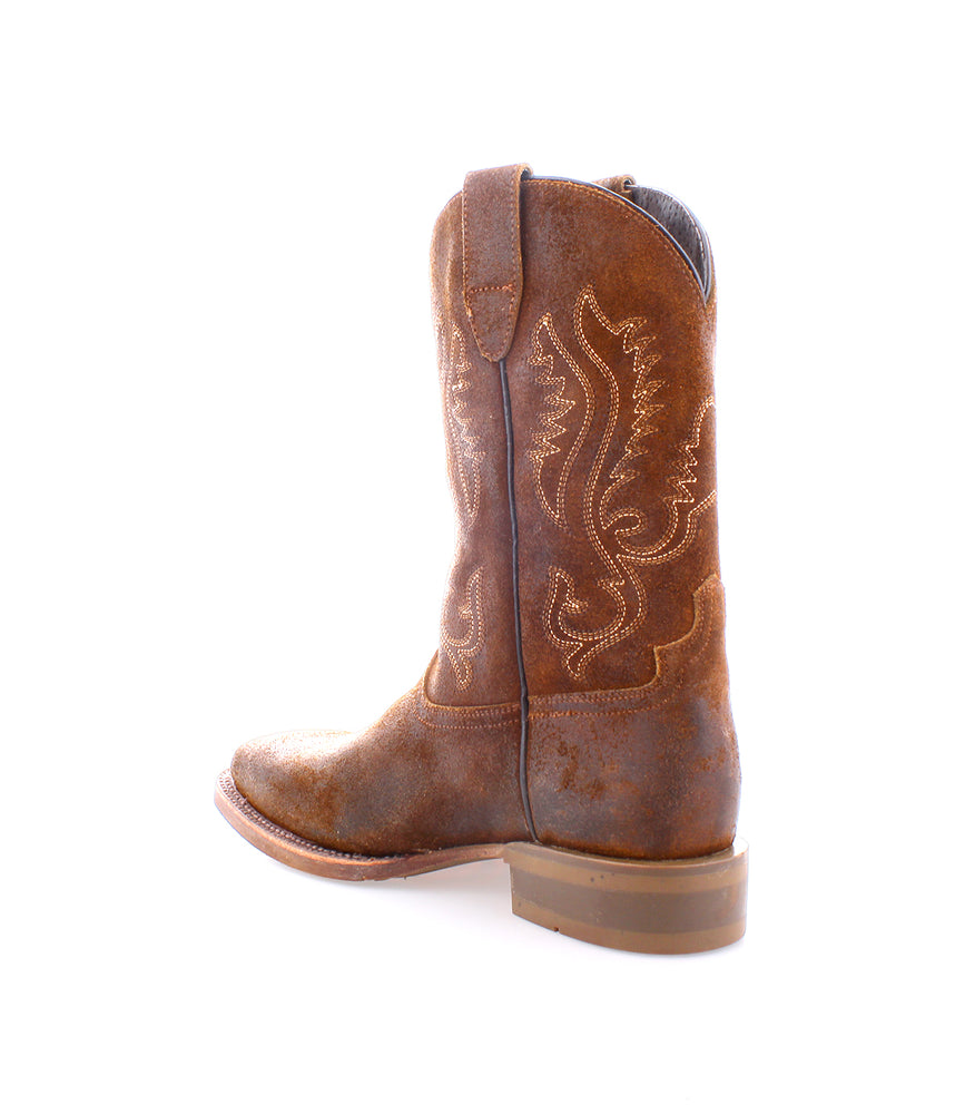 
                  
                    A side-angle view showcases the Roan Saber cowboy boot, featuring a square toe design, crafted from full-grain brown leather with decorative stitching, set against a white background.
                  
                