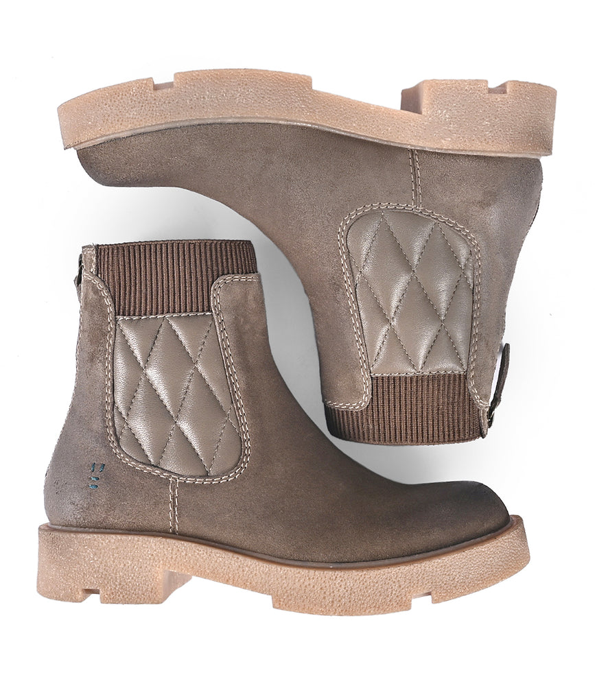 
                  
                    The "Thoughtful" ankle boots by Roan are featured in a striking brown color with quilted side panels and elastic inserts, set against a white background. These boots provide both style versatility and comfort for any occasion.
                  
                